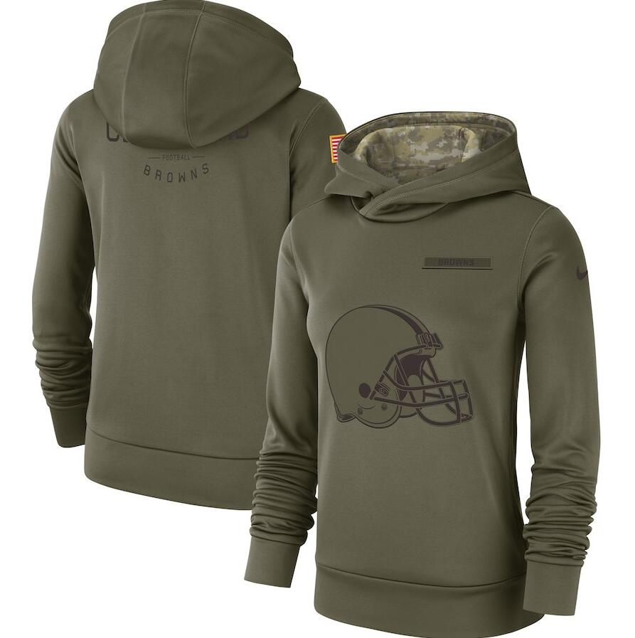 Women's Cleveland Browns #73 Joe Thomas Olive Salute to Service Sideline Therma Pullover Hoodie
